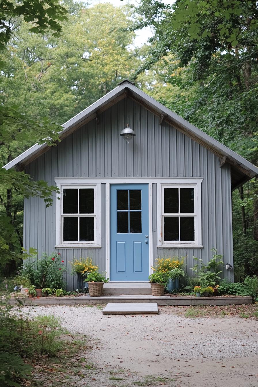 Small metal building home with a bright blue door and surrounding greenery