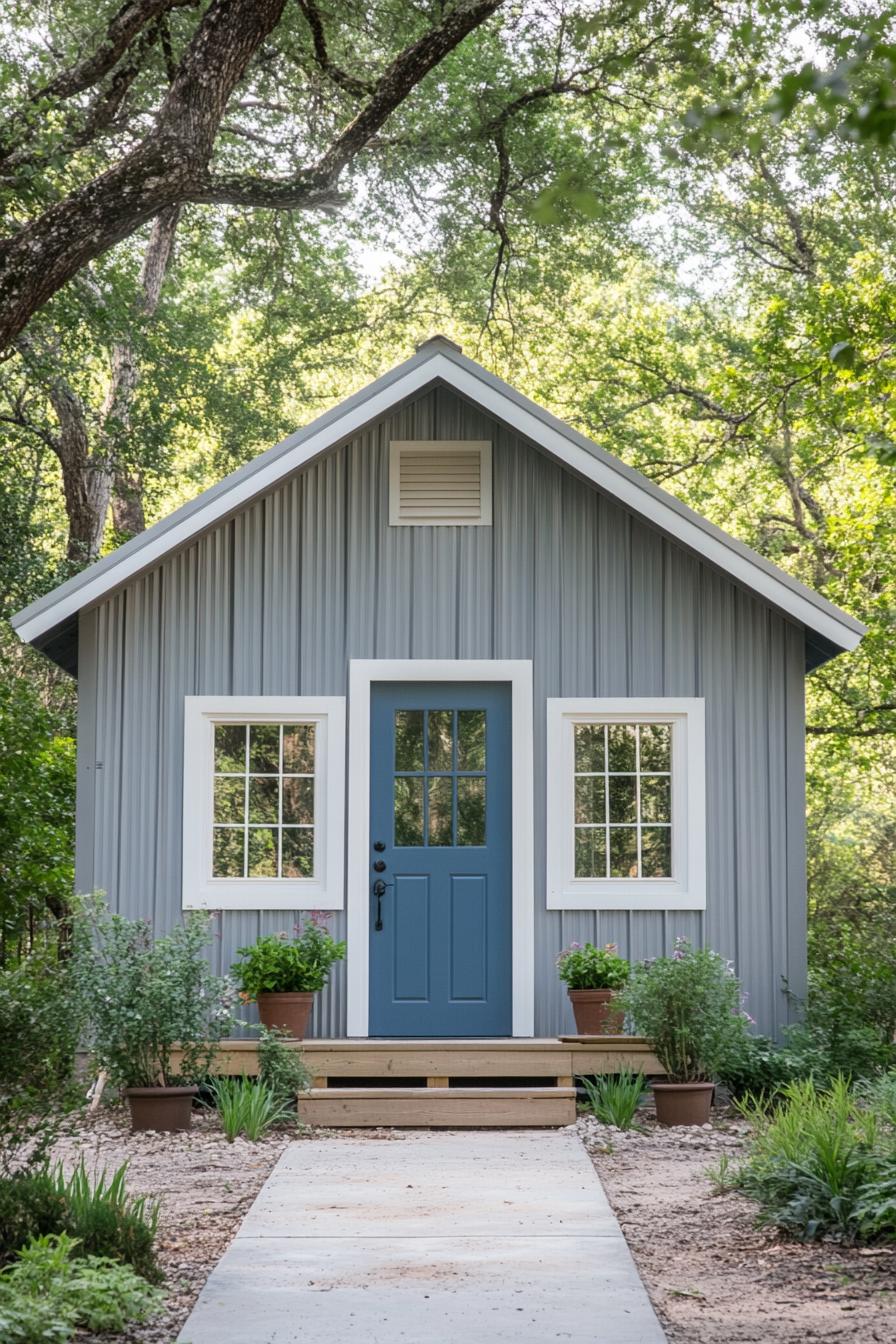 Small metal house with a blue door nestled in greenery