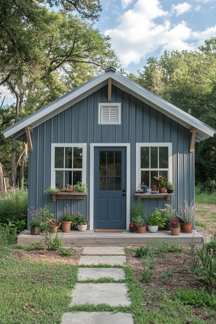 Small metal home with a blue door and vibrant plants