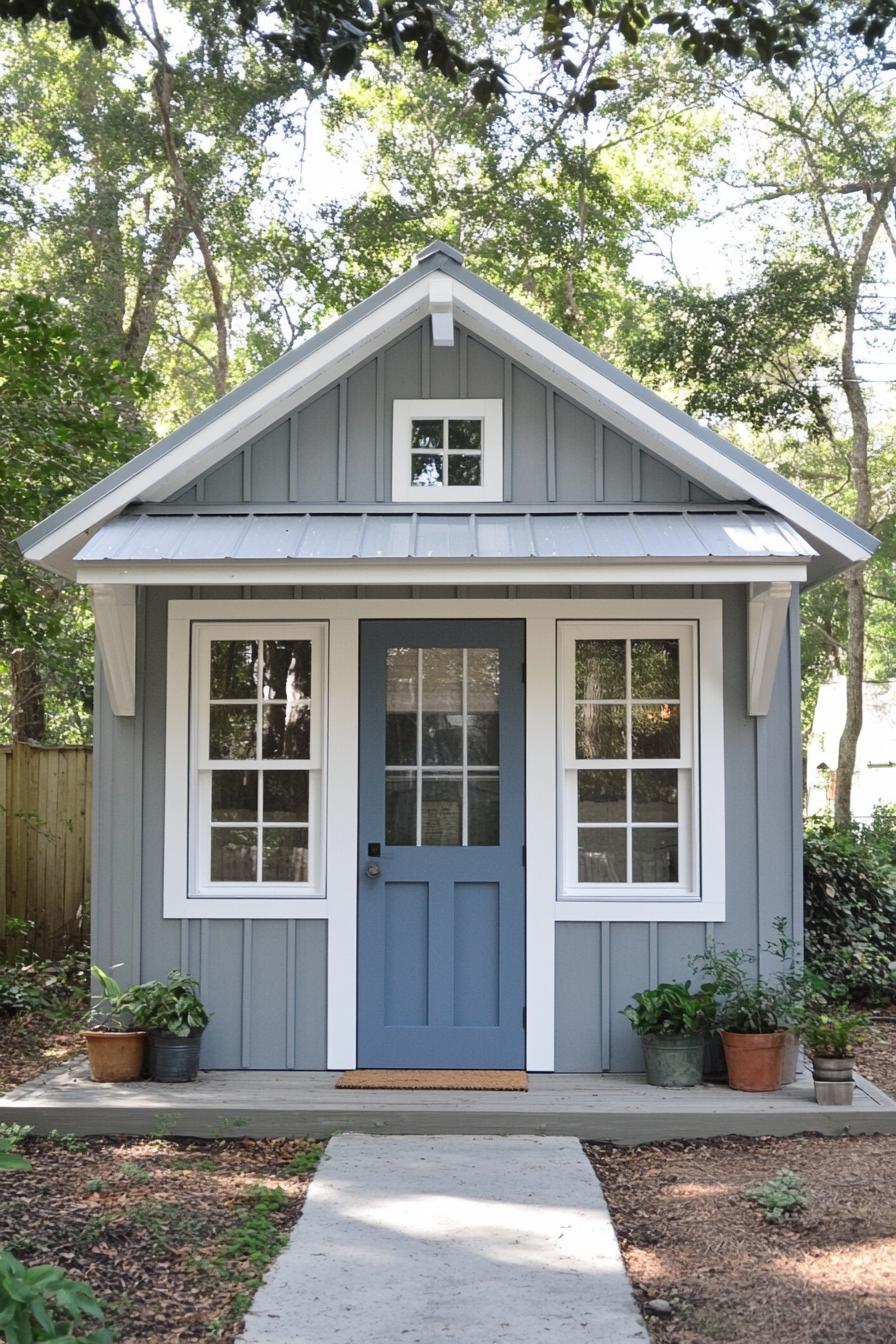 Compact metal building with blue door in a wooded setting