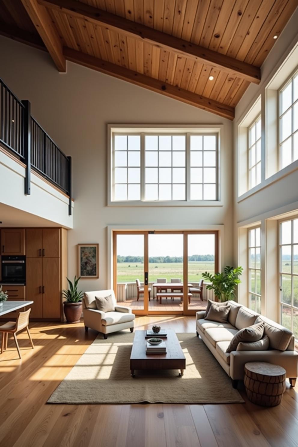 Bright, open-plan loft with large windows and natural wood elements