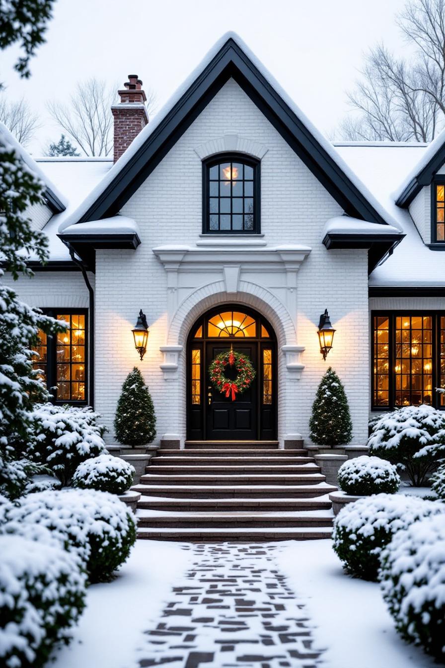 Snow-dusted house with elegant entry