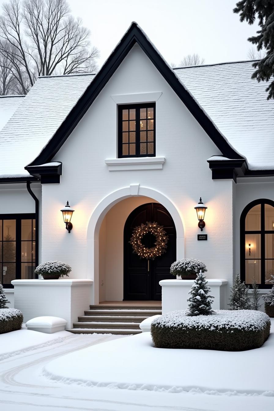 Snow-covered house with black gables and festive wreath