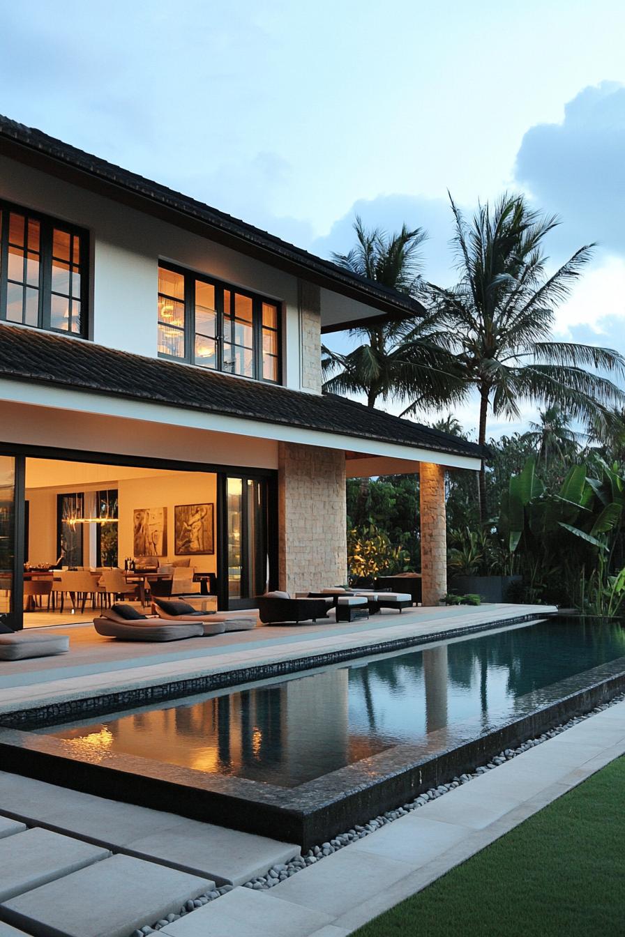 Luxury villa with pool and palm trees at dusk