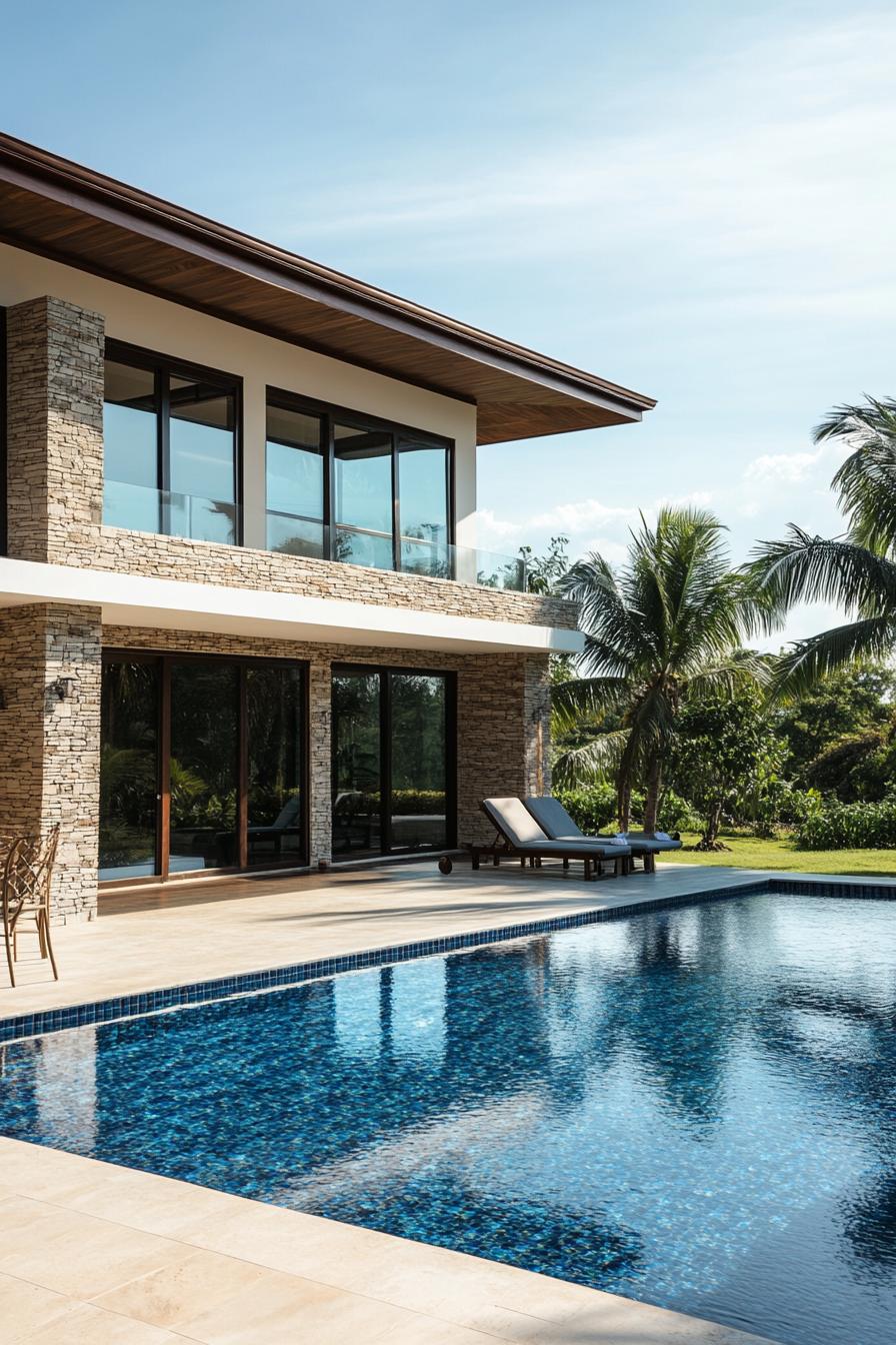 Modern tropical villa with stone façade and pool