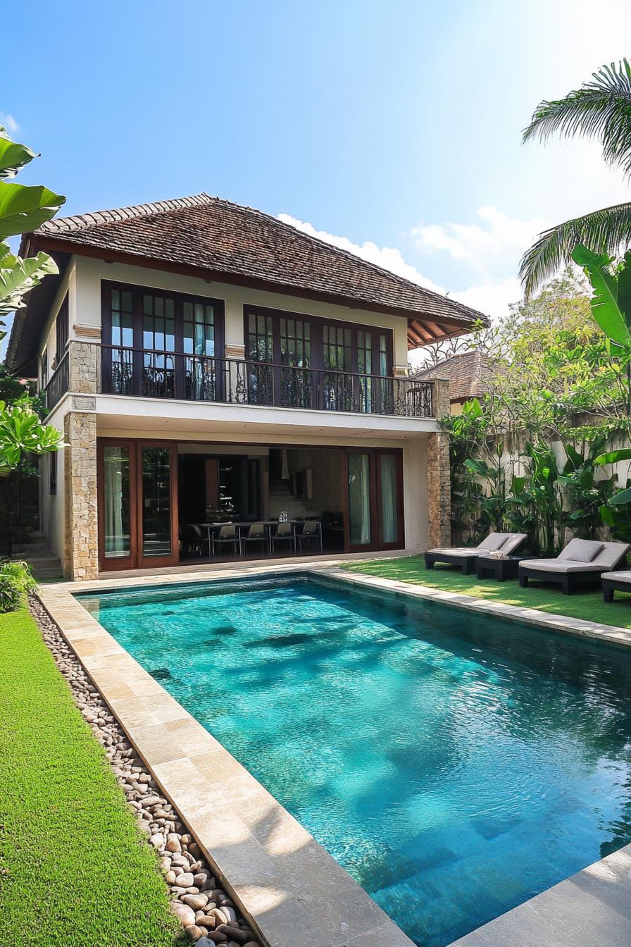 Stylish villa with a pool and lush greenery