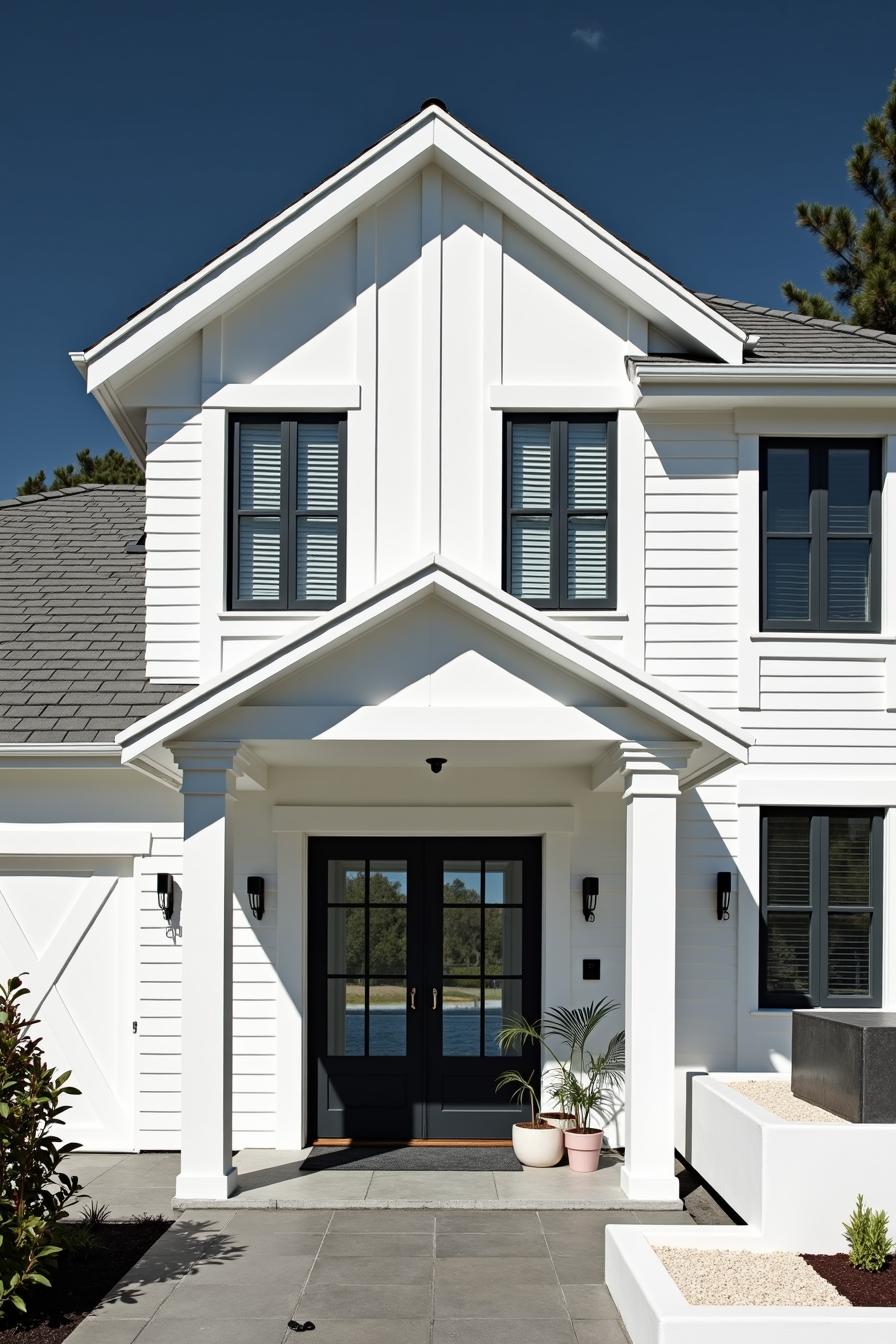 White modern house with black-framed windows and a welcoming entrance