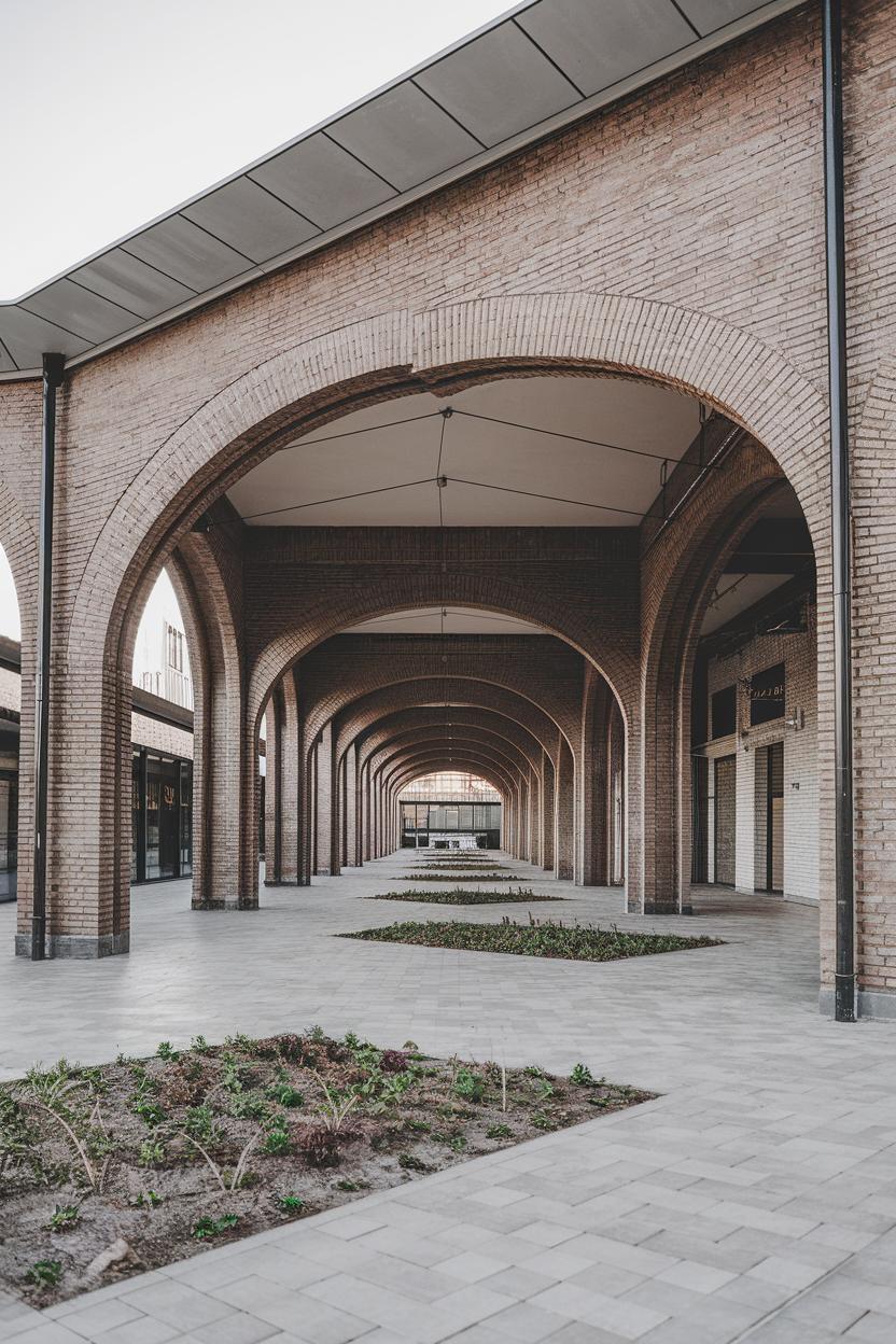 Brick arches with open corridor and garden beds