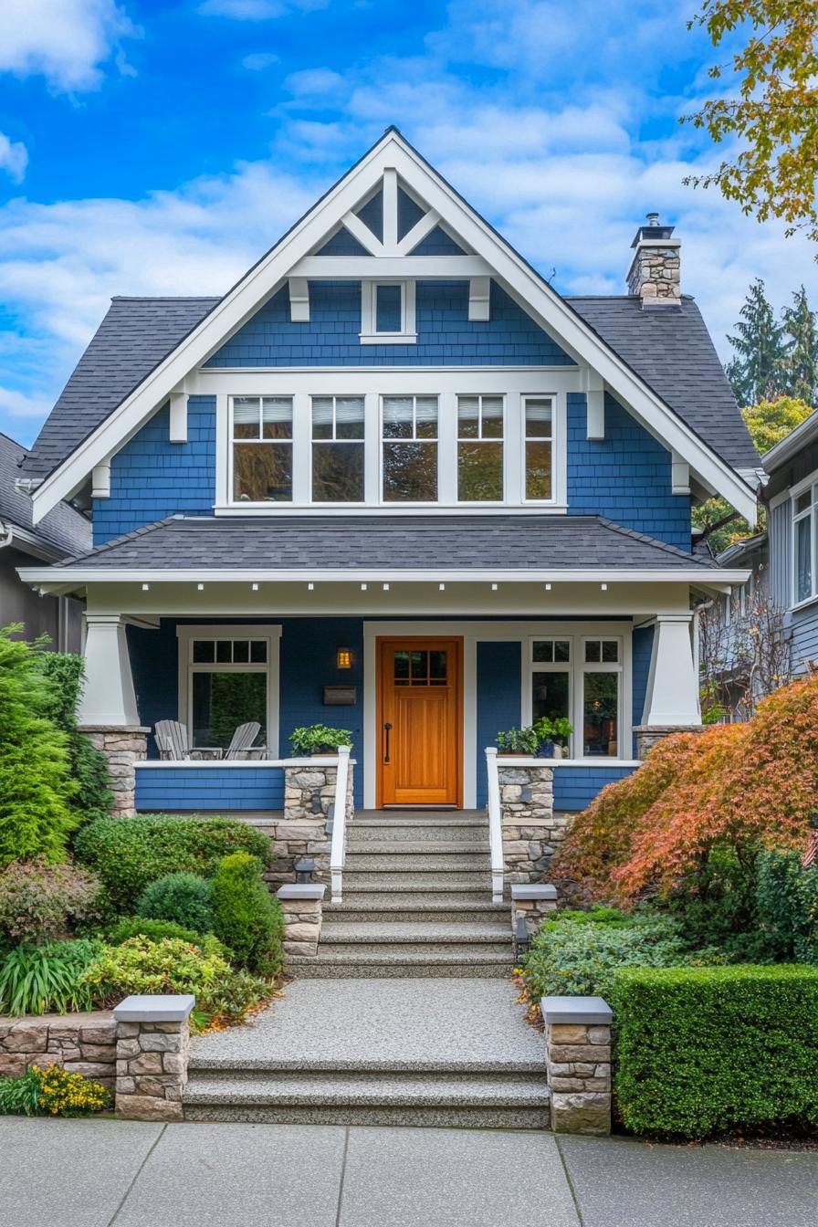 Blue house with steep gables and lush greenery