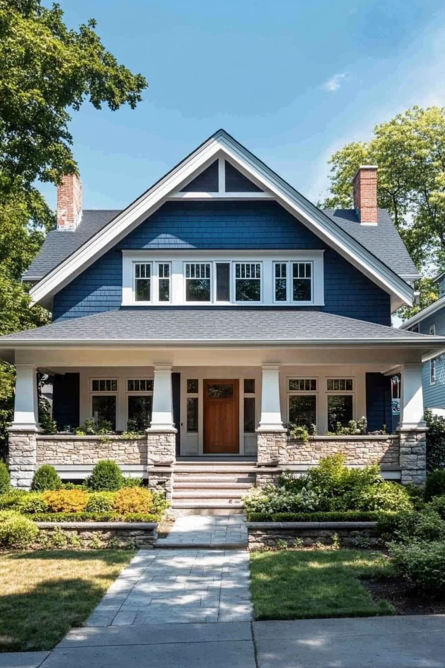 Charming blue house with stone accents and a cozy front porch