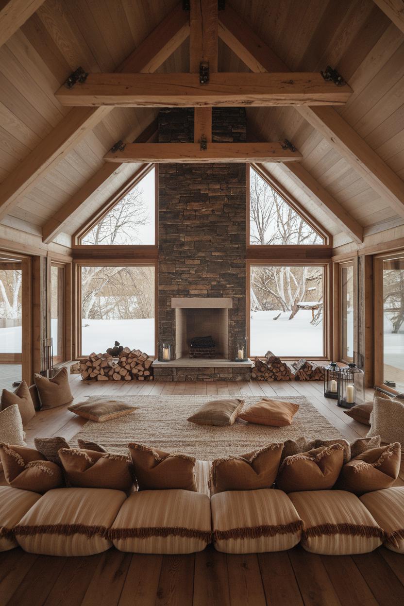 Cozy cabin interior with pillows and a stone fireplace