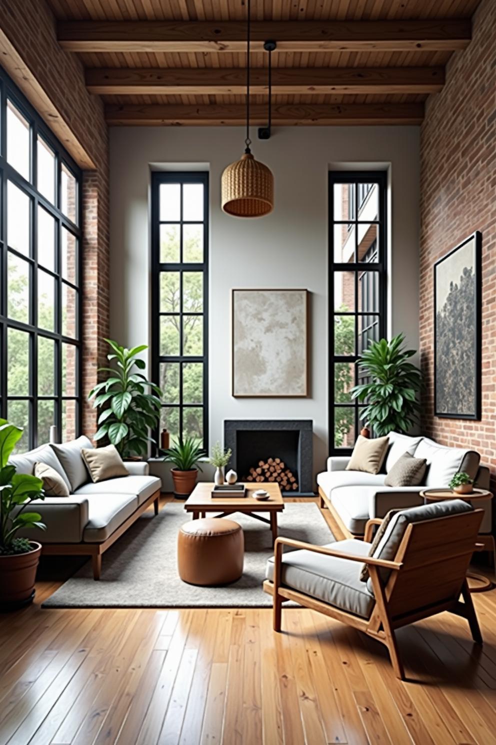 Spacious loft with large windows, wooden beams, and stylish greenery