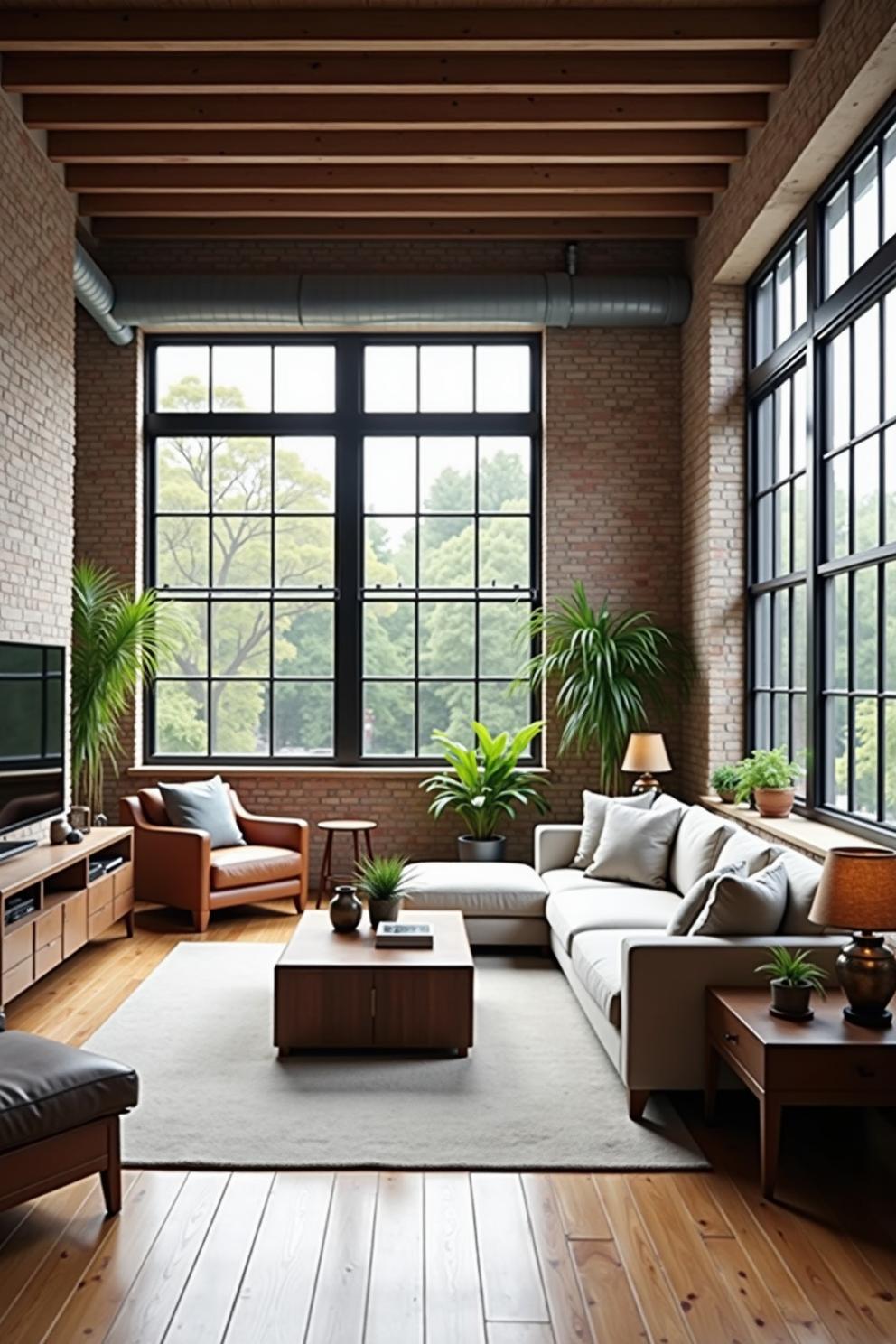 Cozy loft with large windows, brick walls, and lush plants