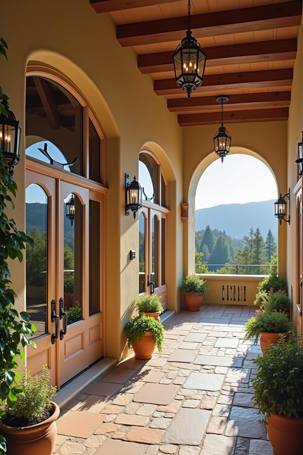 Sunny porch with potted plants and arched openings