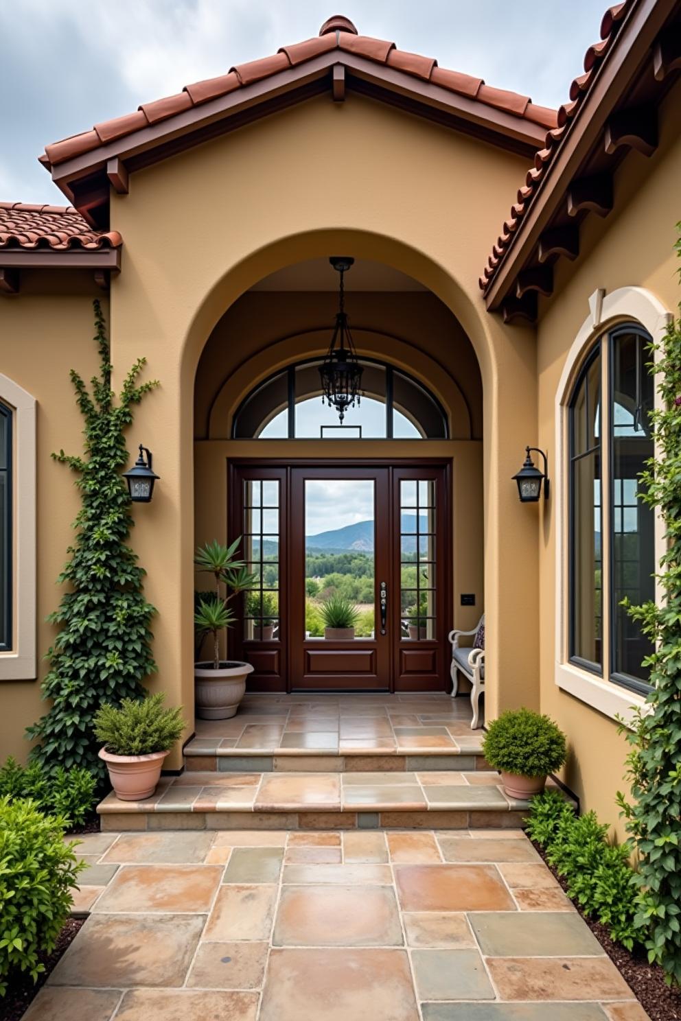 Welcoming entrance with arched doorway and terracotta tiles