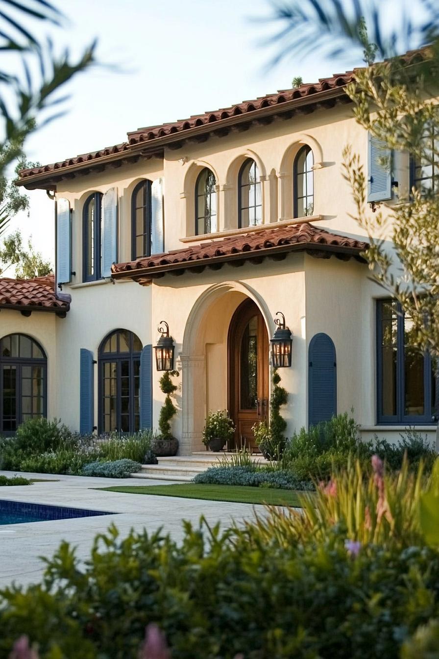 Elegant colonial home with archways and red-tiled roof