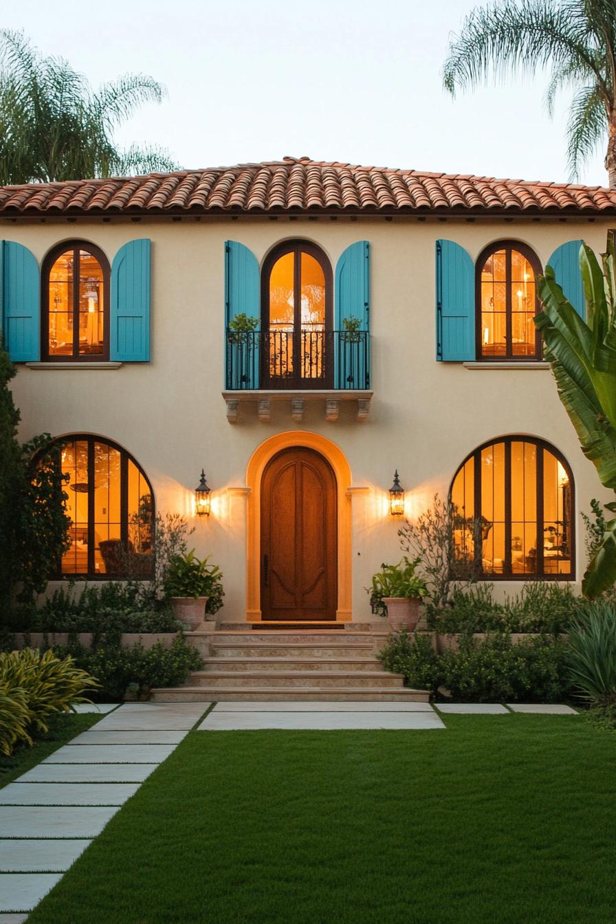 West Indies house with blue shutters and lush greenery