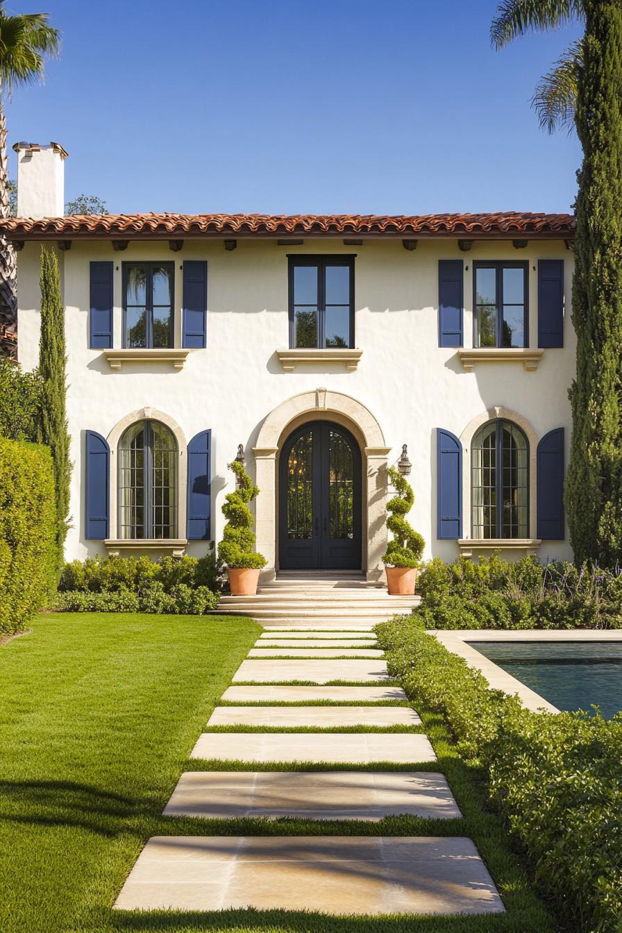 Front view of a colonial-style house with blue shutters and a lush garden