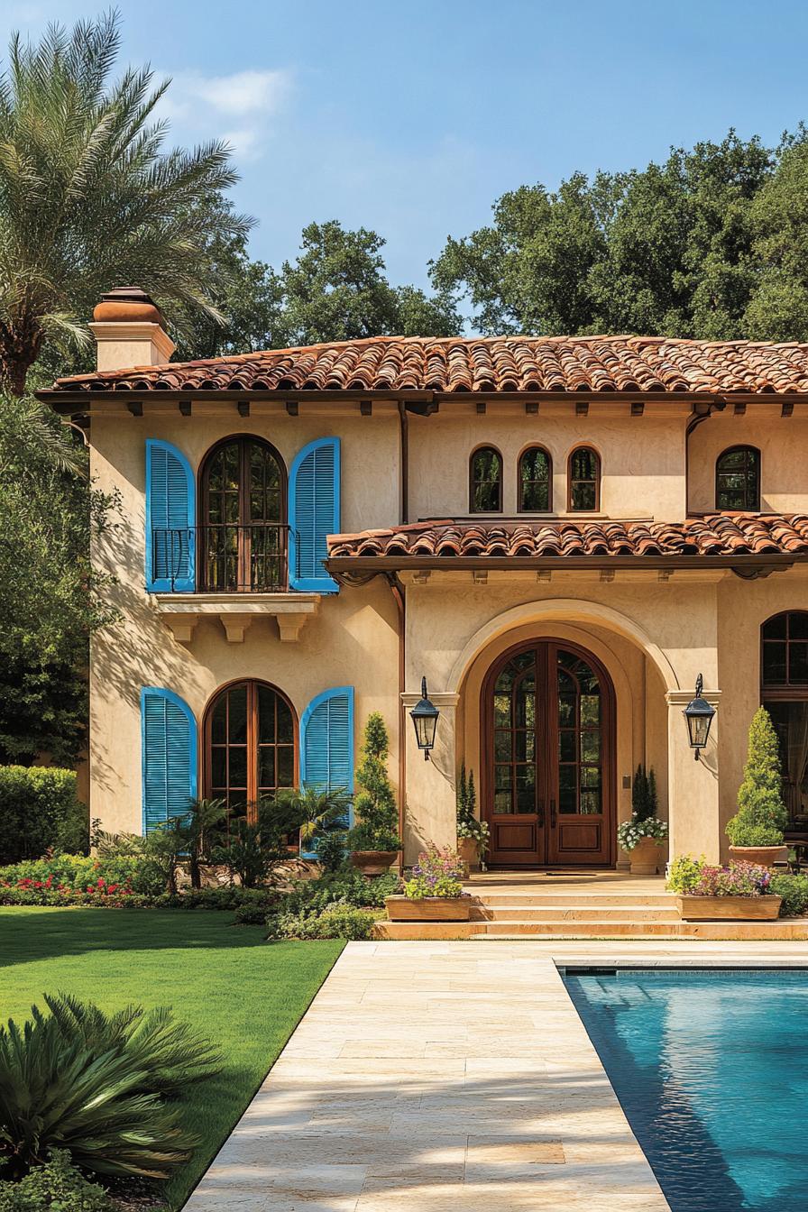 Colonial-style house with blue shutters and a pool