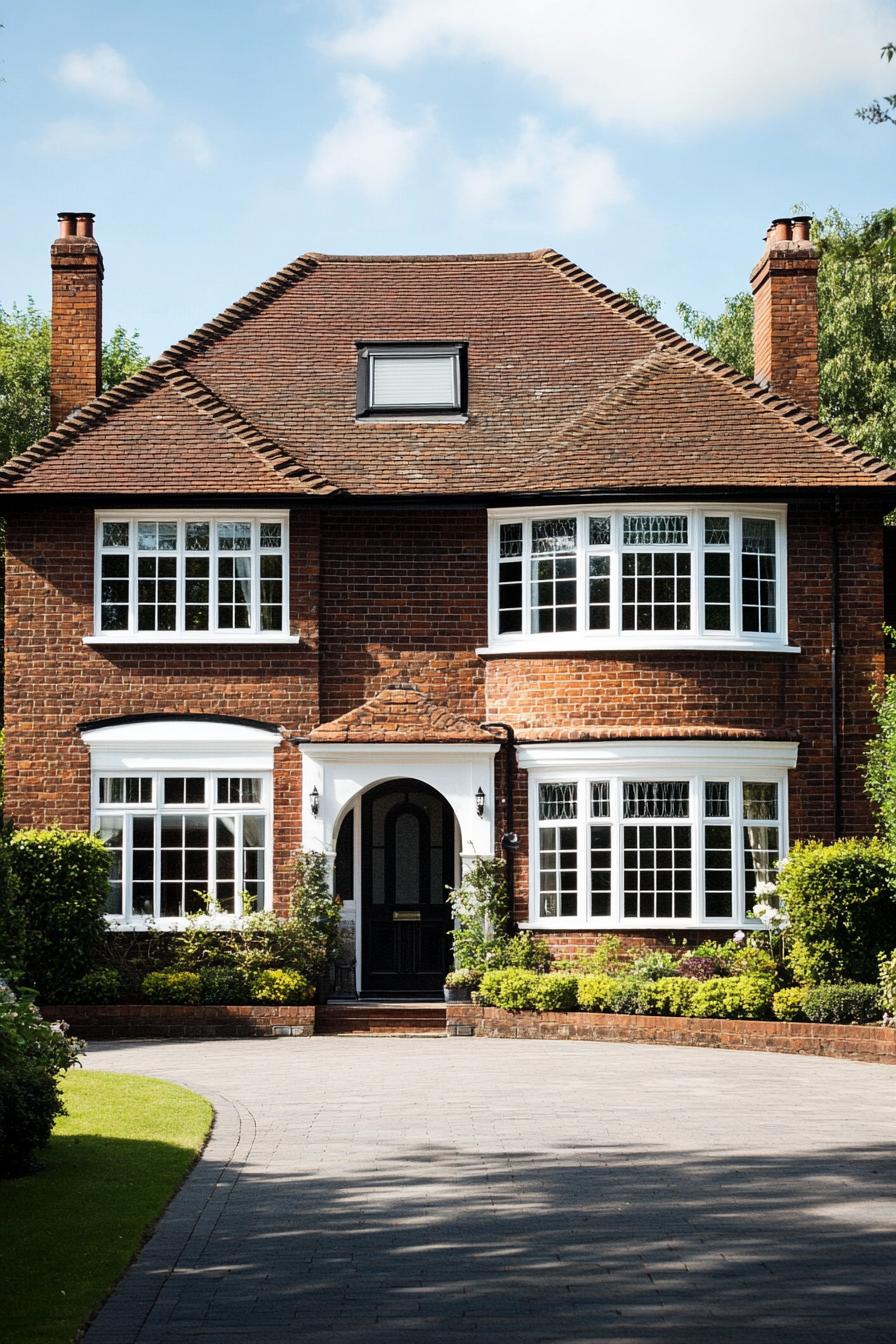 A charming two-story red brick house with white-framed windows and twin chimneys