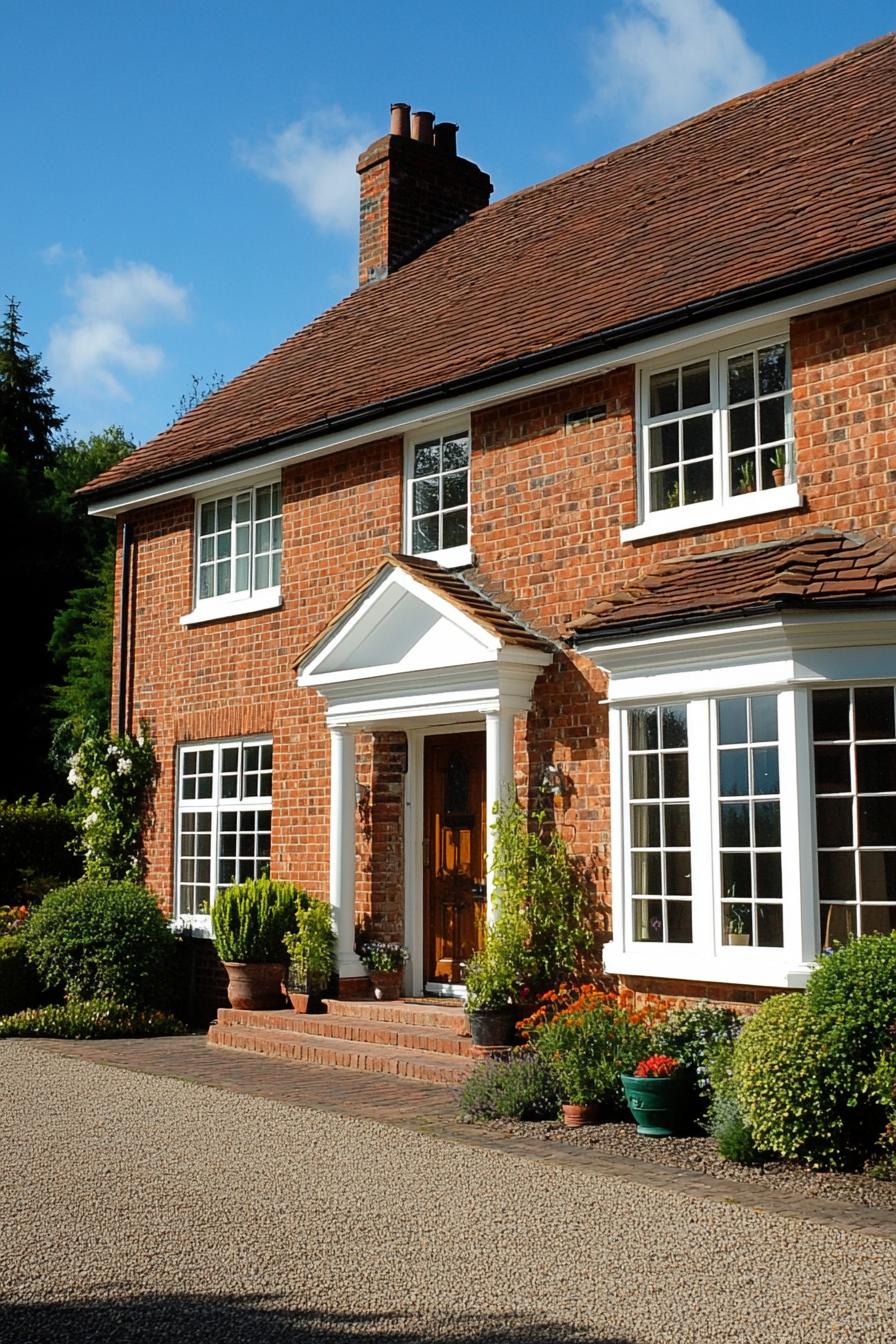 Two-story red brick house with white trim and a charming garden