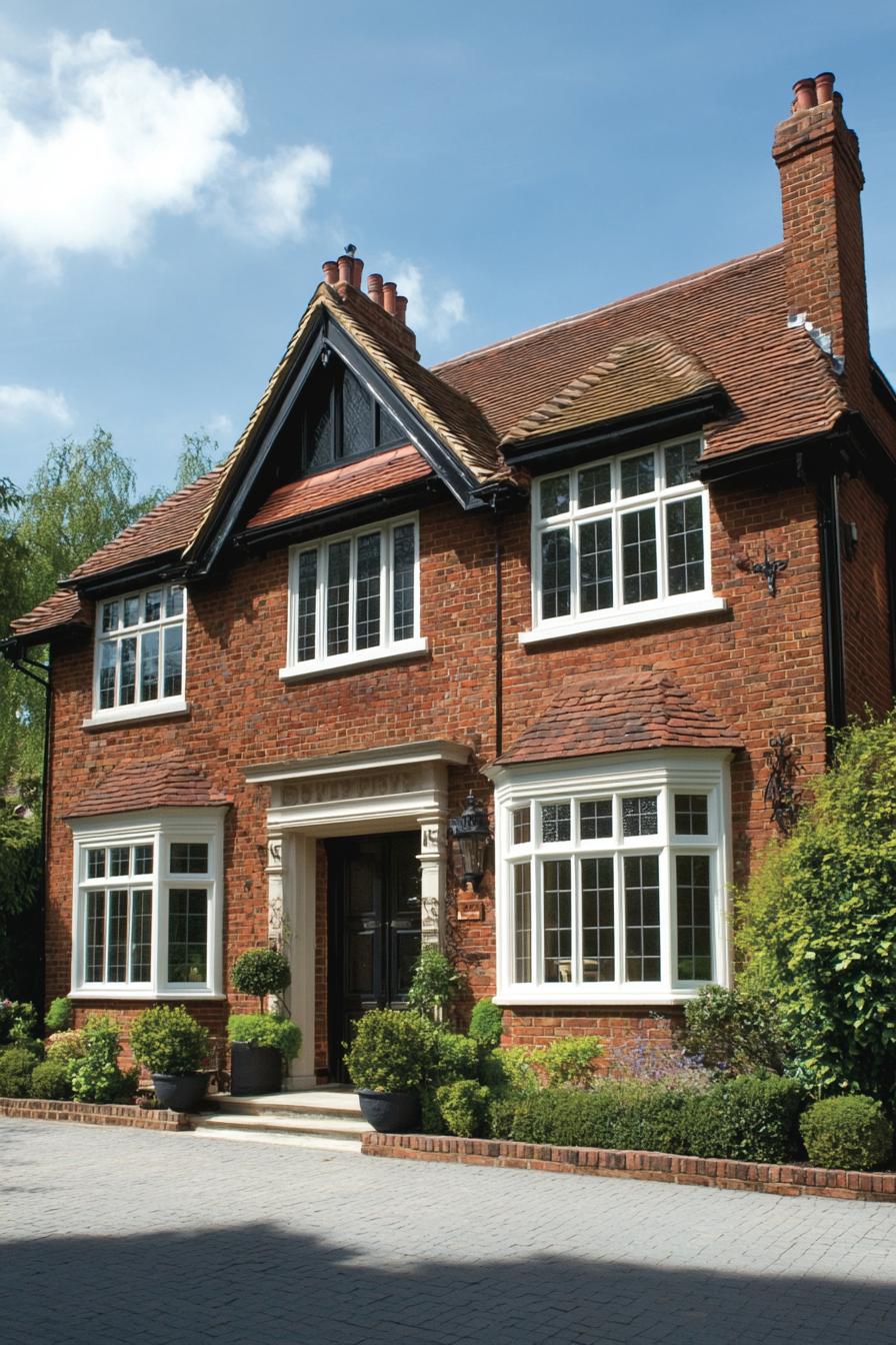 1920s brick house with classic gables and lush greenery