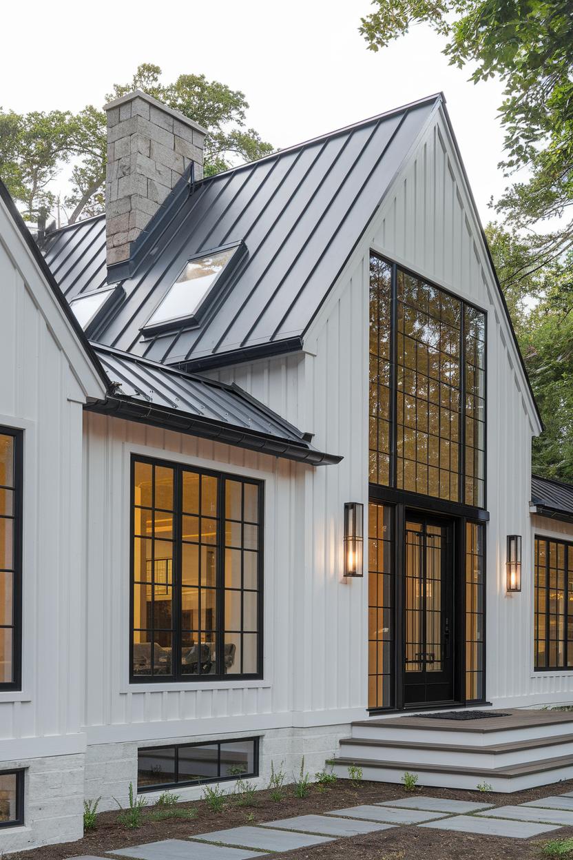 White house with black-framed windows and a metal roof