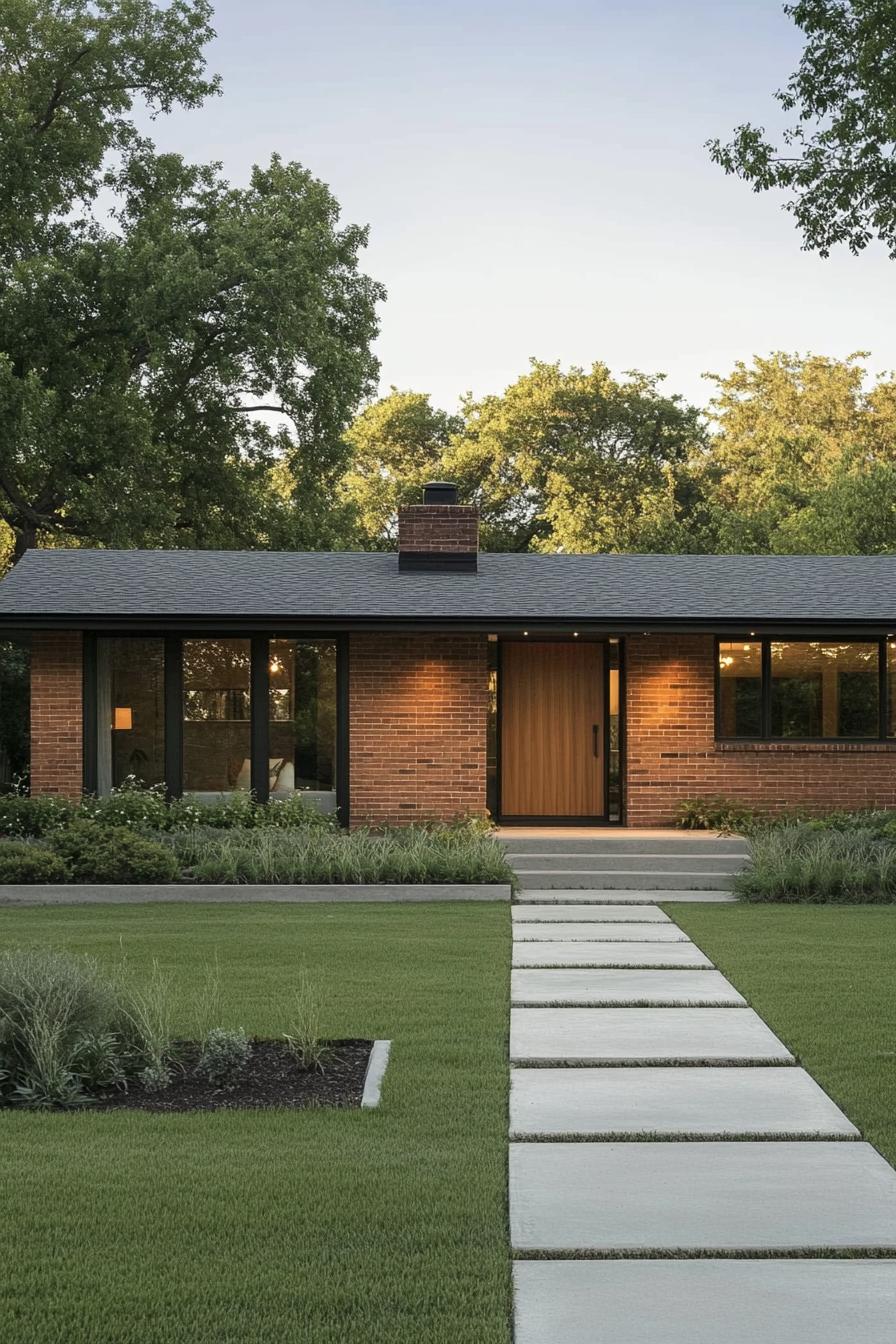 Brick ranch house with a neat lawn and a straight pathway