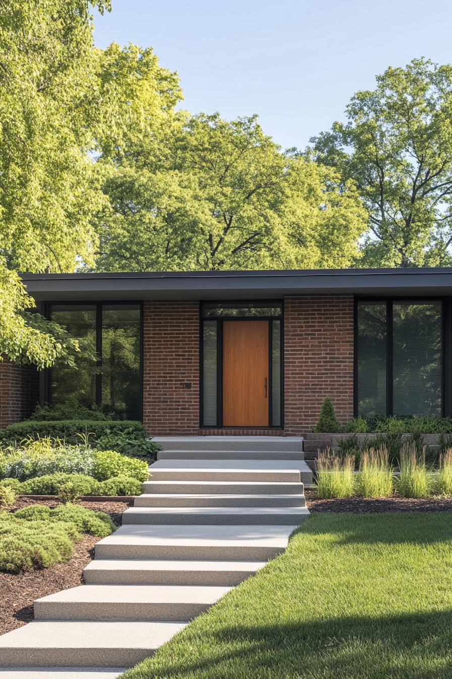 Single-story brick house with modern entrance steps and lush garden