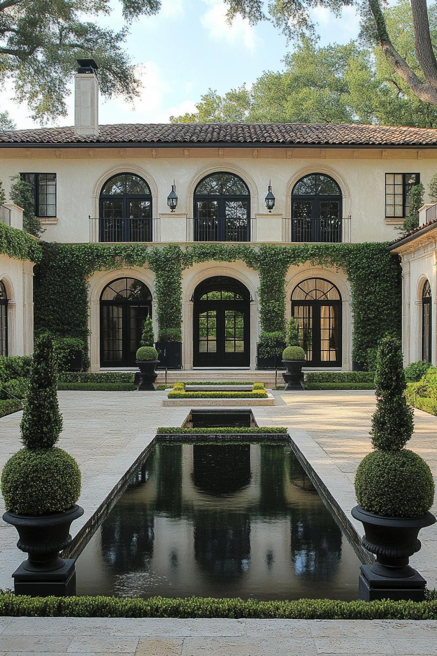 Elegant villa with lush greenery and central reflection pool