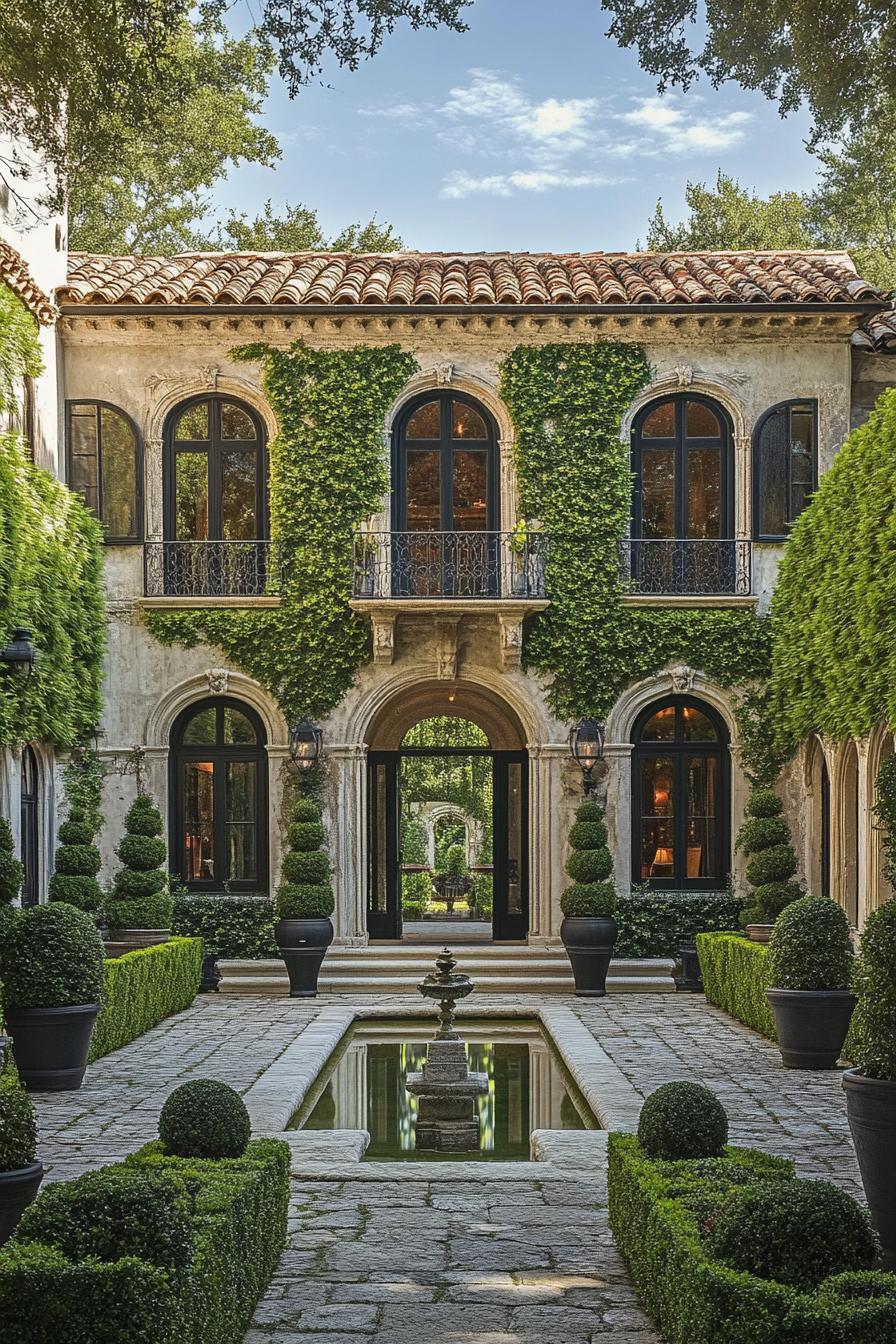 Mediterranean villa with ivy-covered walls and lush courtyard