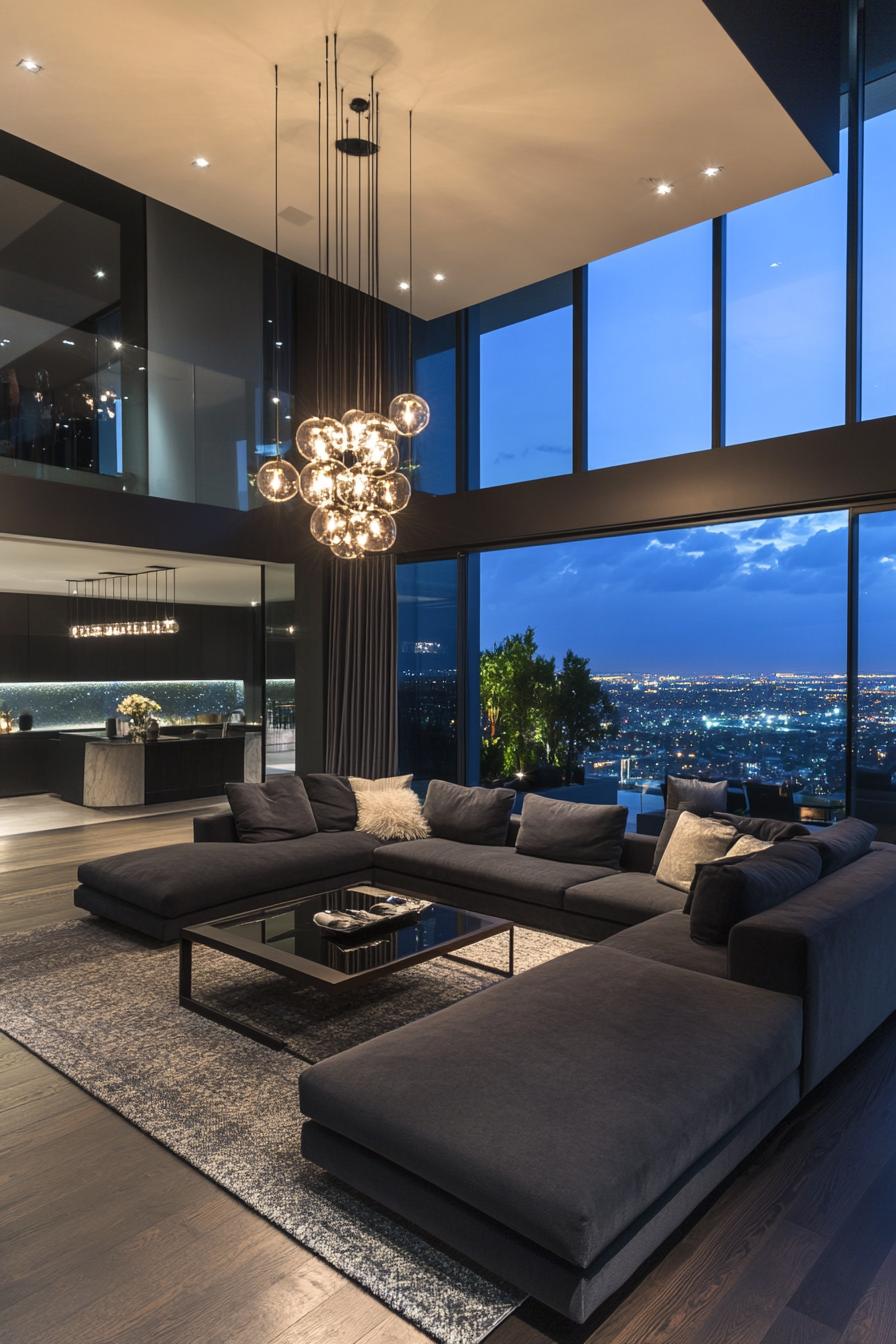 Modern penthouse living room with city view