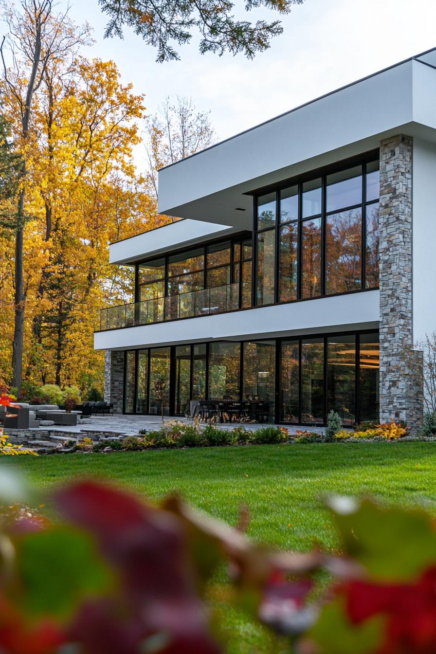 Contemporary house with large glass windows and autumn leaves