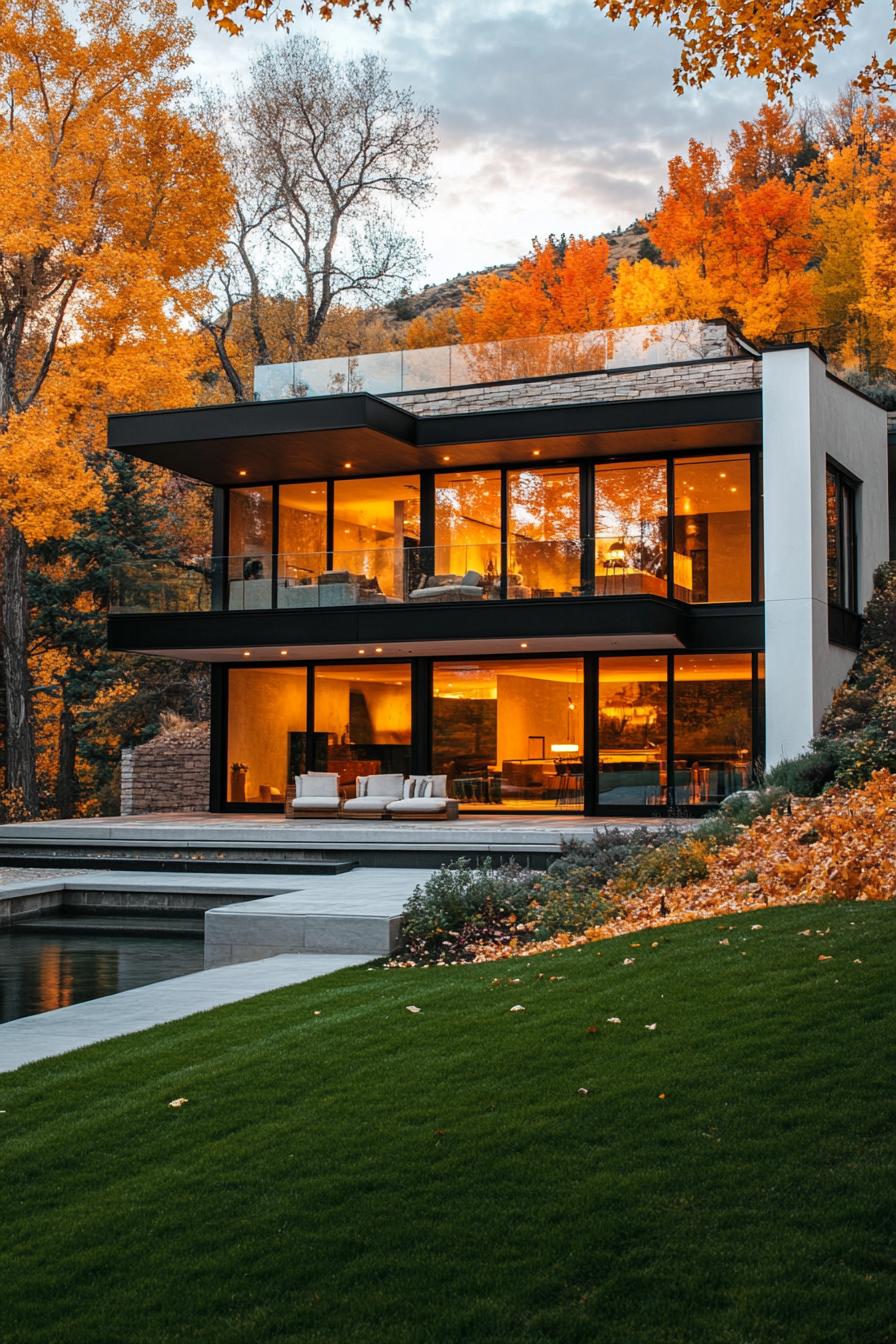 Sleek house with glass walls amidst autumn leaves