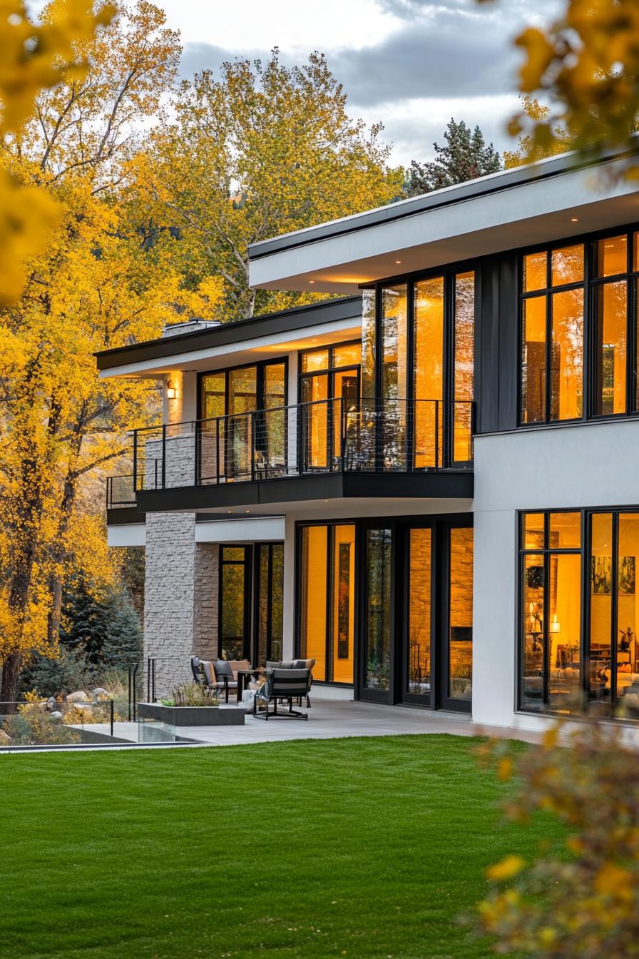 Autumn leaves surrounding a modern glass house with a lush lawn