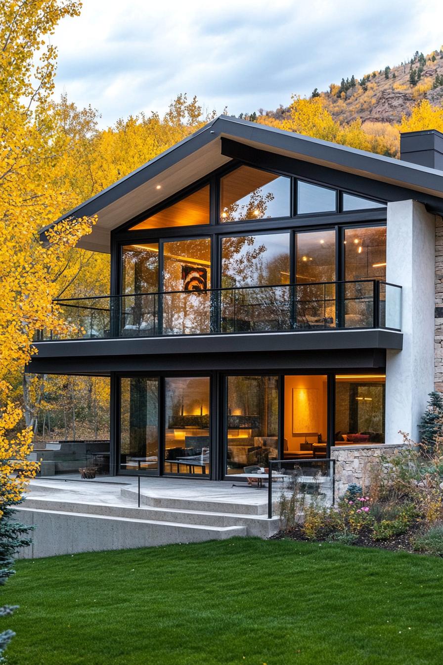 Modern house with large windows surrounded by autumn foliage