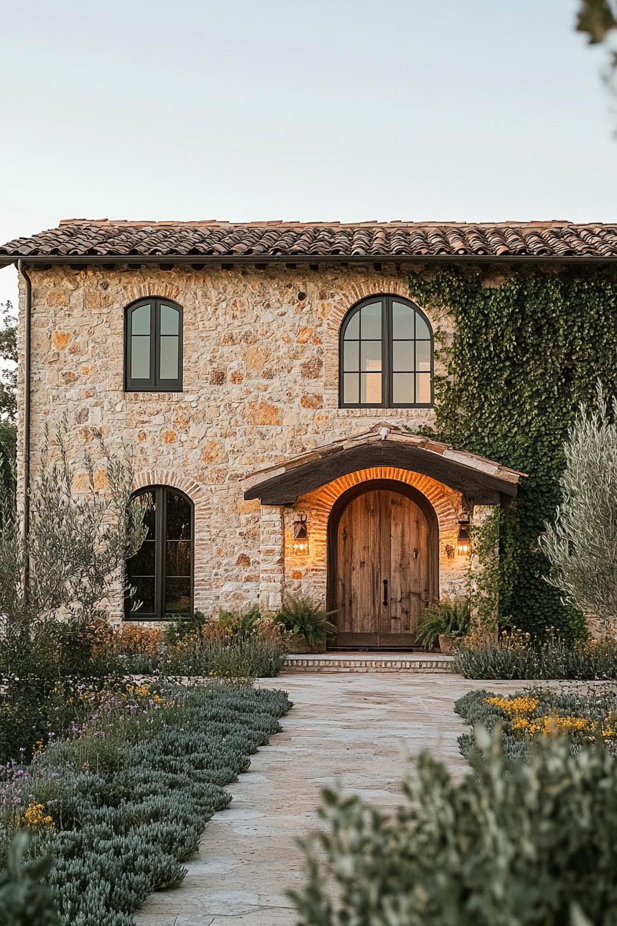 Charming stone farmhouse with arched windows and wooden door