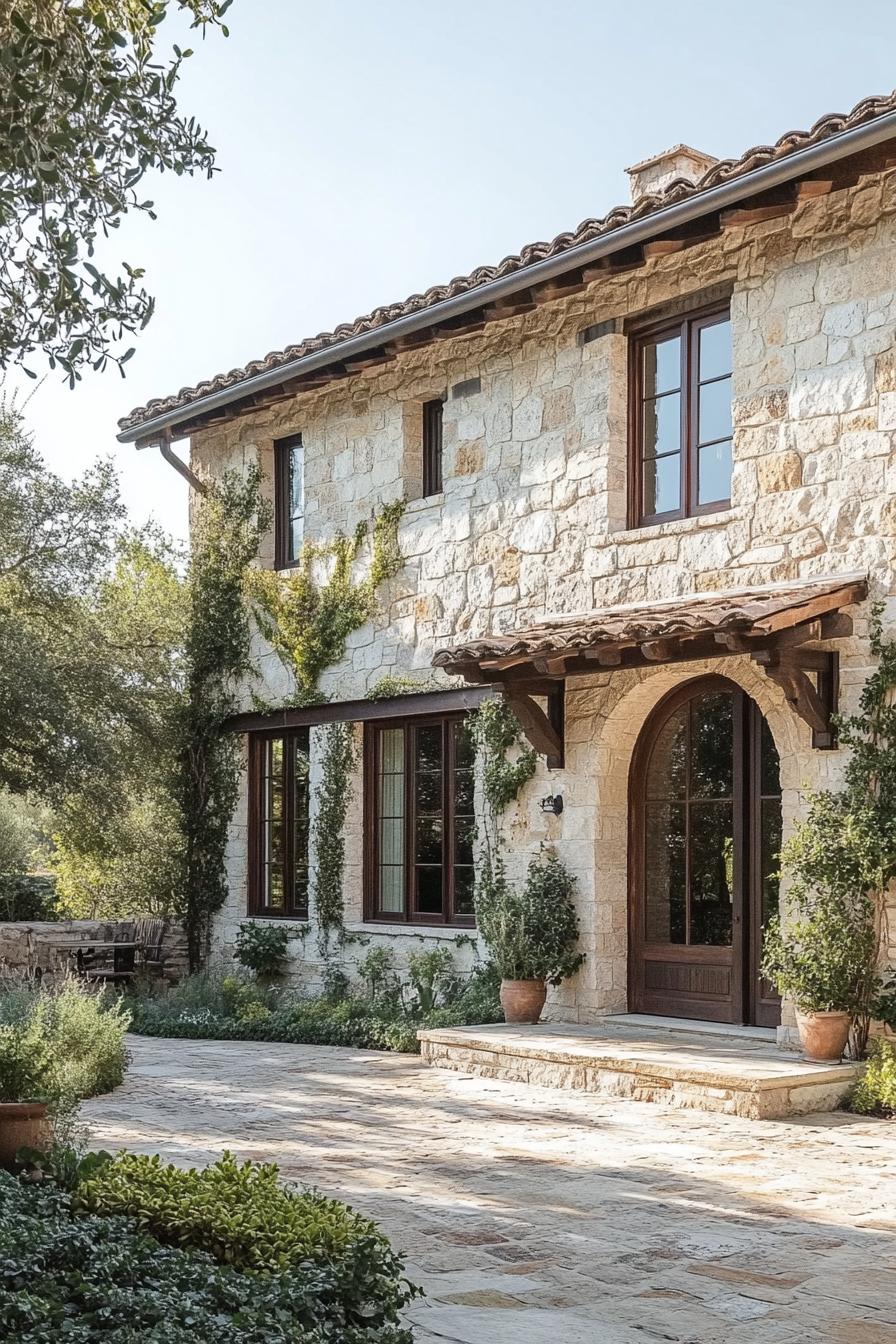 Stone farmhouse with ivy and wooden accents