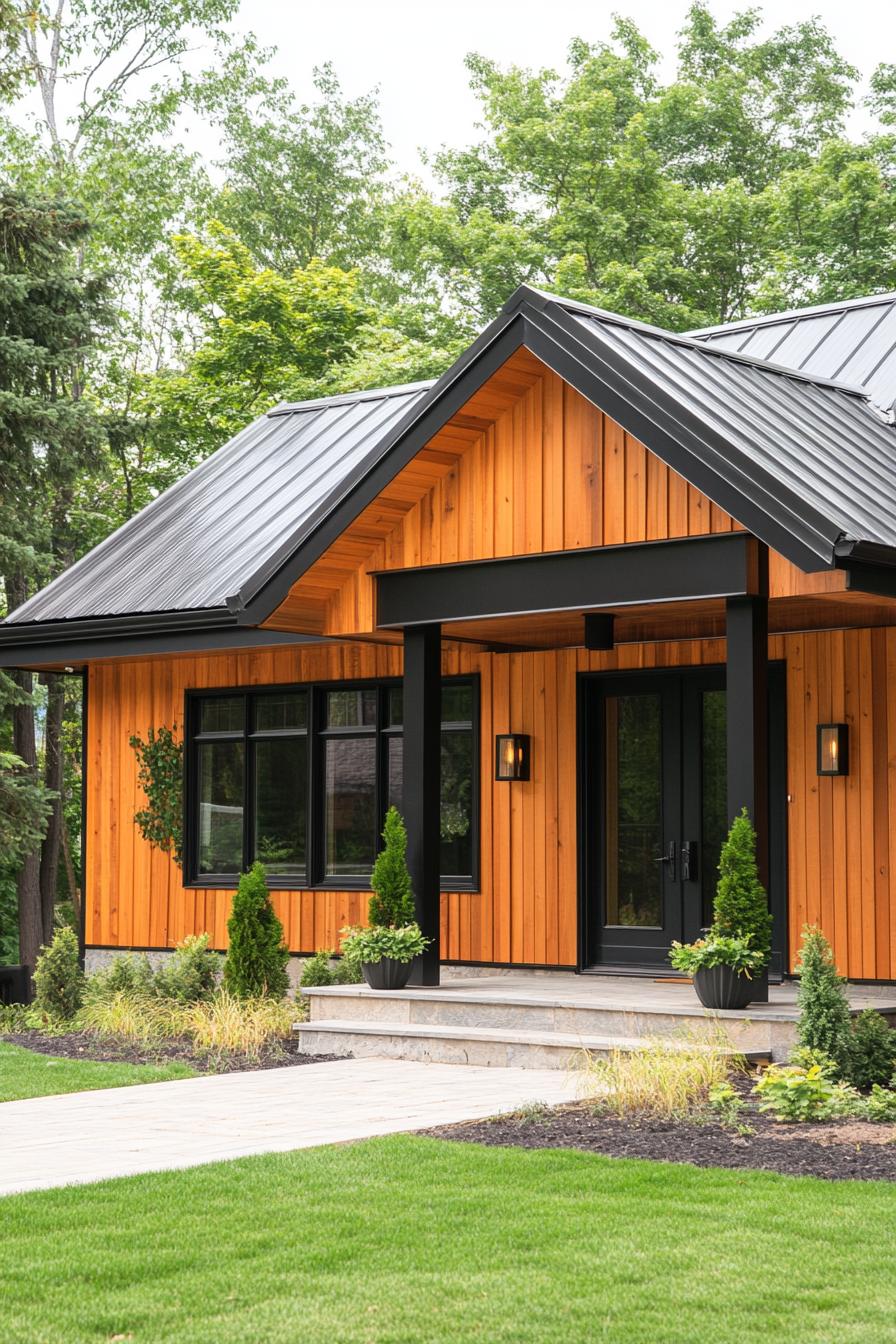 Contemporary bungalow with wooden facade and sleek metal roof