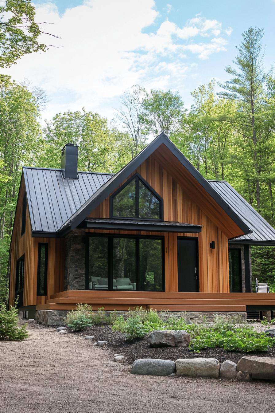 Modern cabin blending with nature, featuring wood paneling and a sleek roof