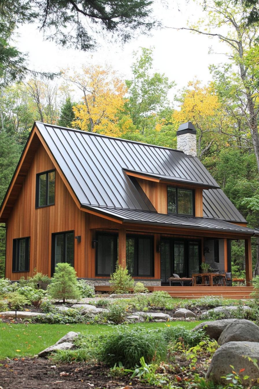 Cozy modern bungalow surrounded by lush greenery and rocks