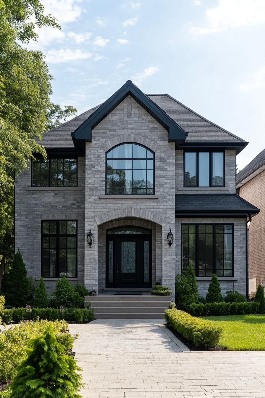 A chic suburban house with a brick facade and large windows