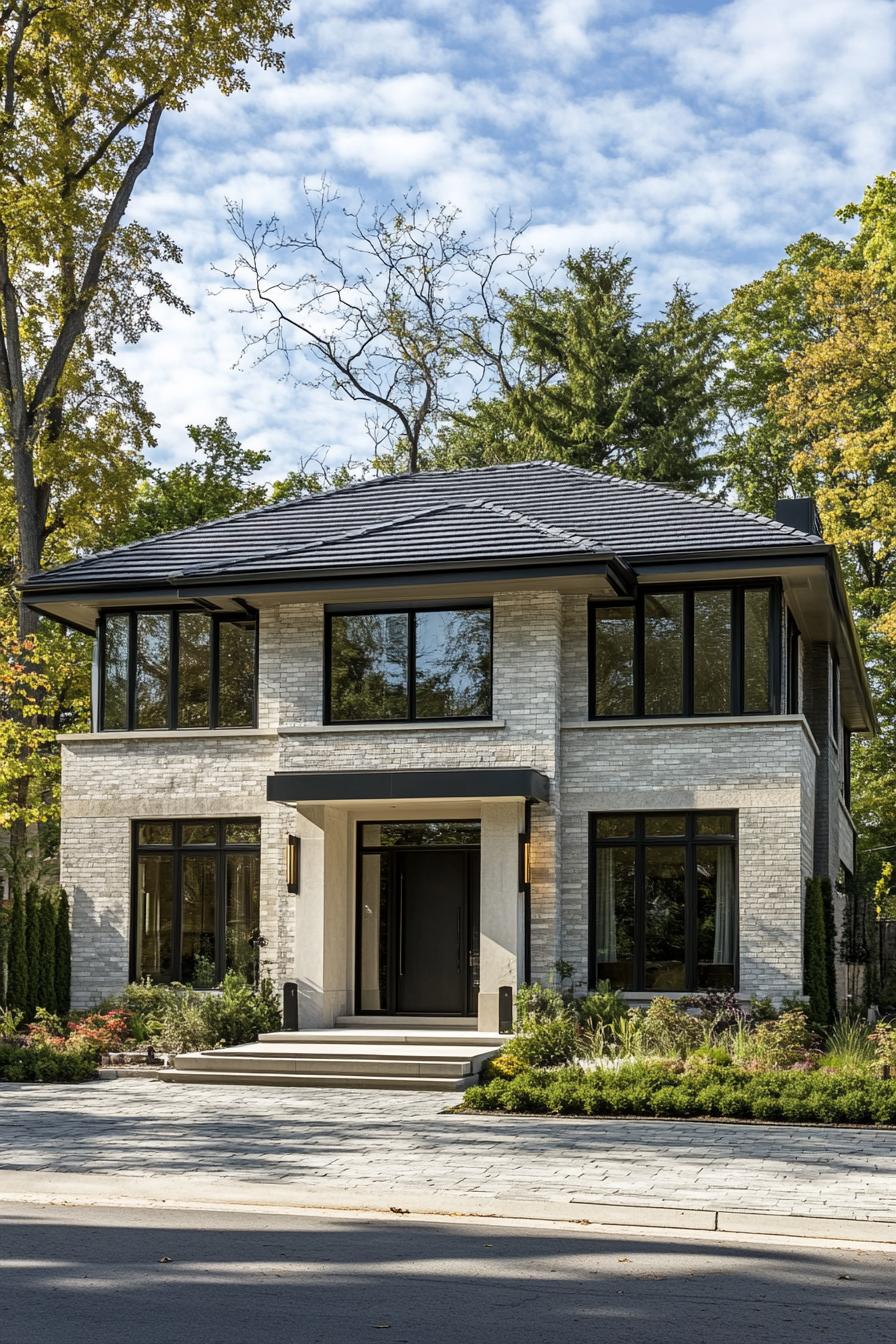 Modern suburban house with stone facade and large windows