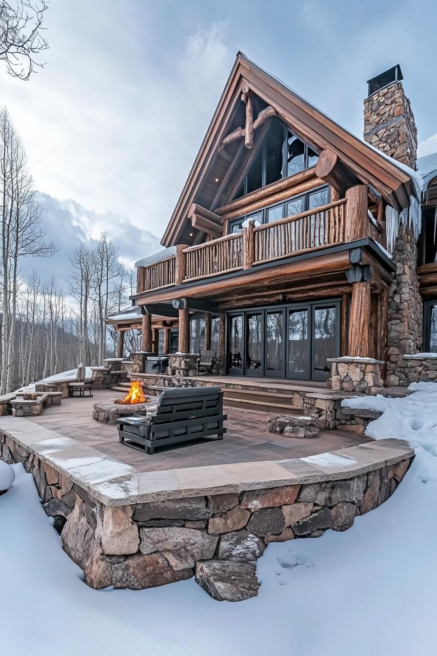 Cozy log cabin with a stone patio and a fire pit in a snowy forest