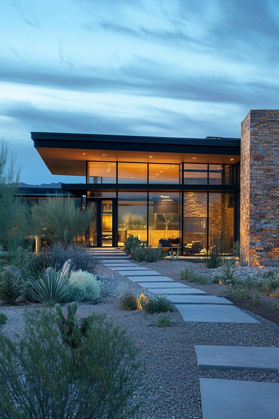 Modern home with glass façade and stone accents at dusk