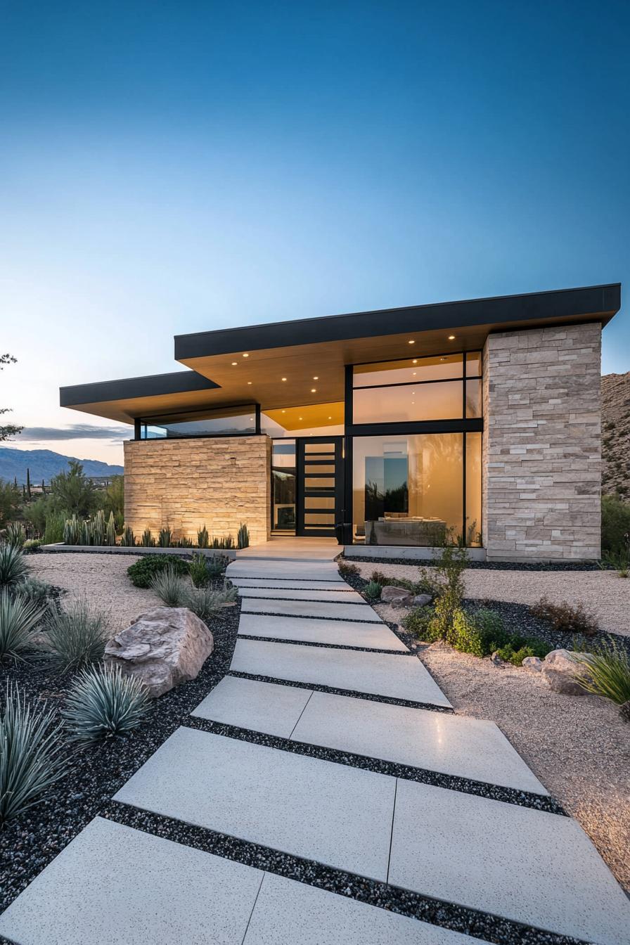 Modern house with large windows and stone walls