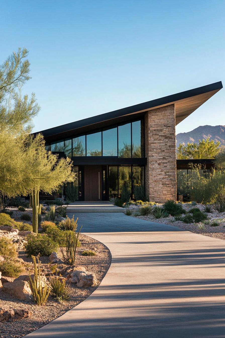 Modern house with large windows and sloped roof