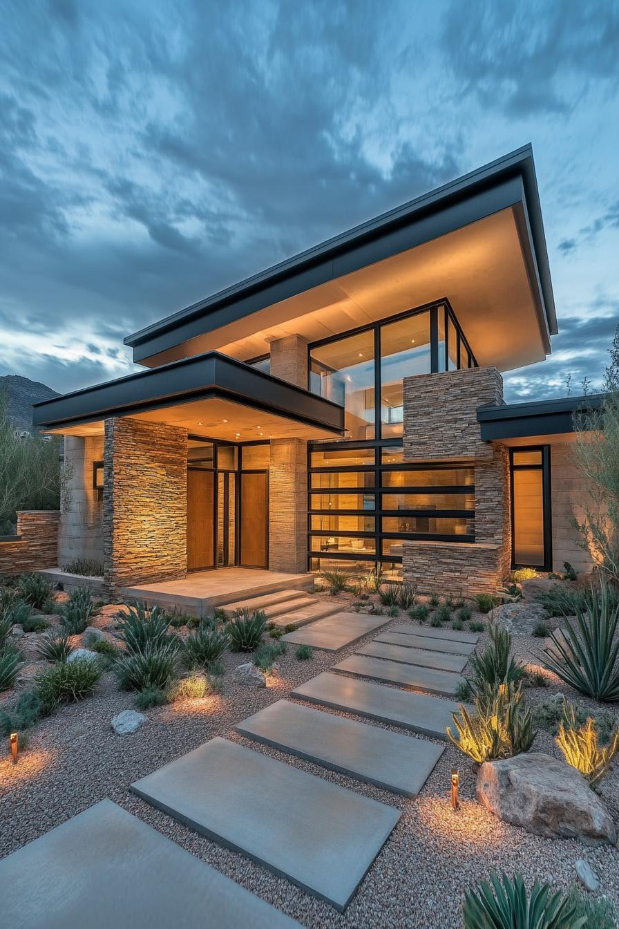 Modern house with stone and glass exterior at dusk