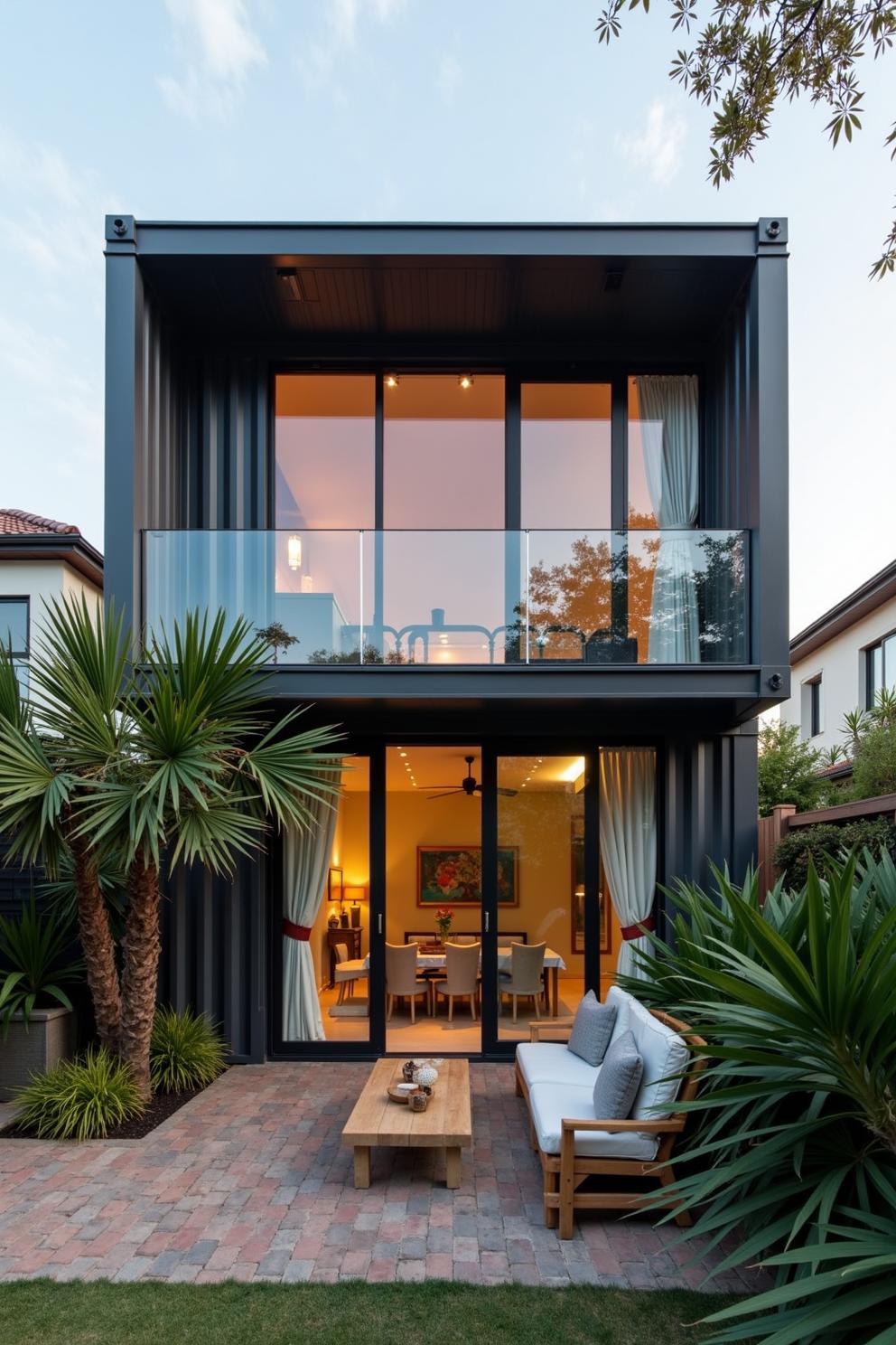 Stylish two-story shipping container house with modern decor