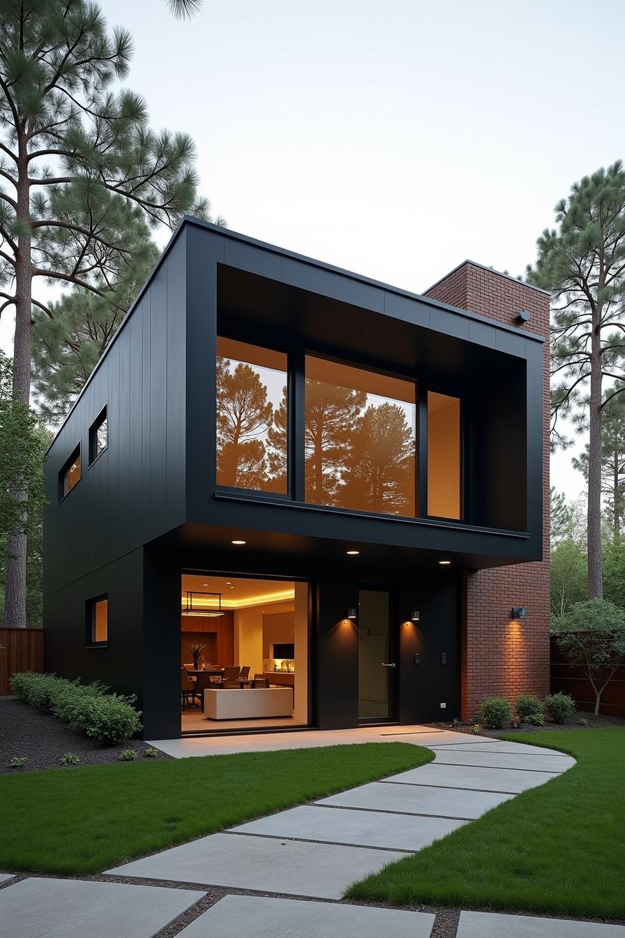 Modern black house with large windows against trees